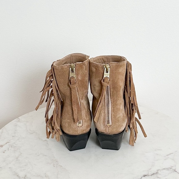 All Saints NEW Layla Cognac Sand Suede Fringe Zip Heel Ankle Booties Size 7 - Picture 9 of 12